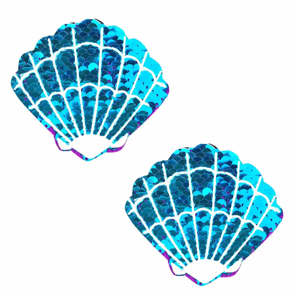 Shimmering turquoise and lavender sequin clam shell nipple pasties for swim or festivals