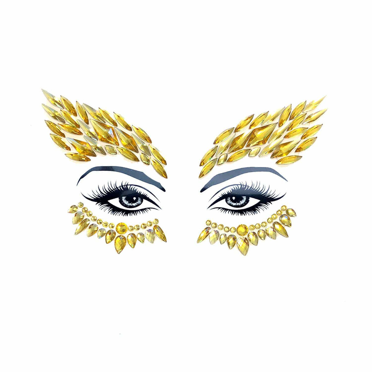 Sparkling gold rhinestone wing shaped face gems framing the eye