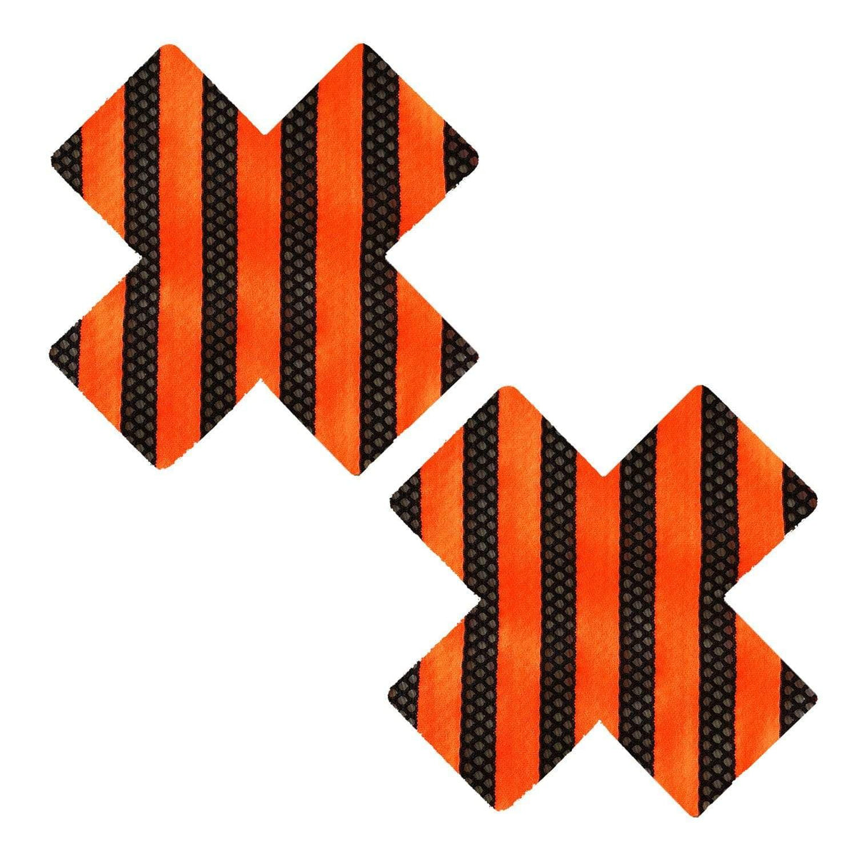 Orange mesh cross shaped nipple pasties with black backing for spooky nights