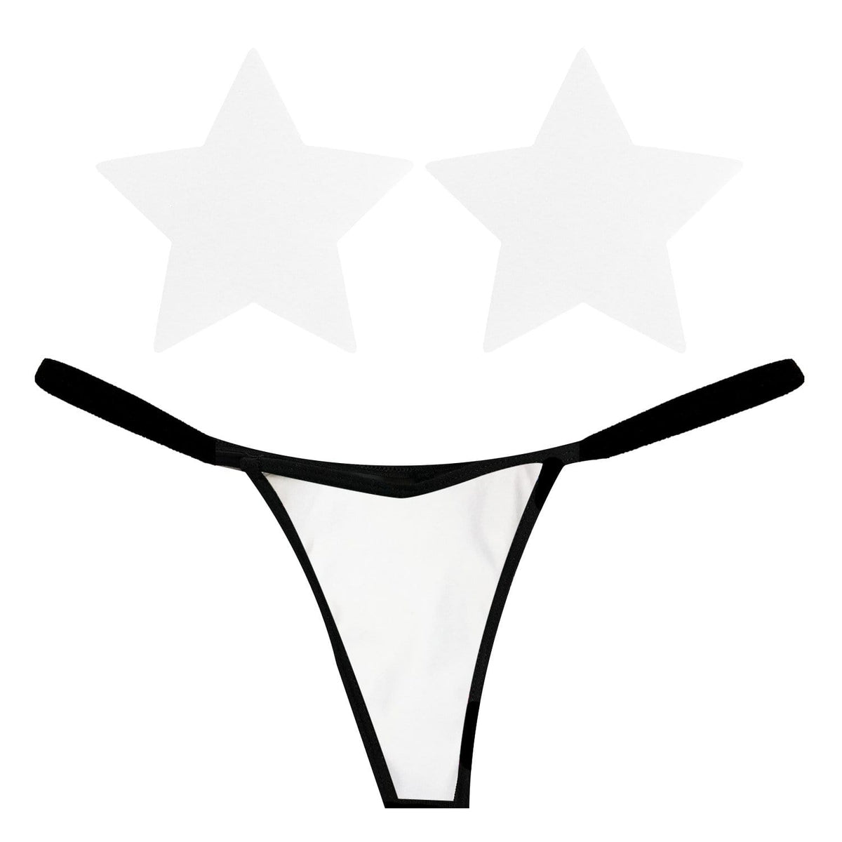 Product shot of white reflective pastie and pantie lingerie set for a bright night out look