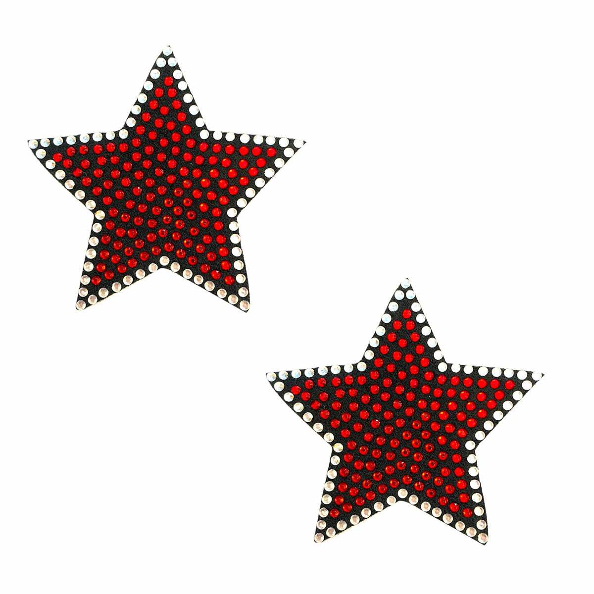 Alternate view of red and black crystal star reusable silicone pasties showing the full shape