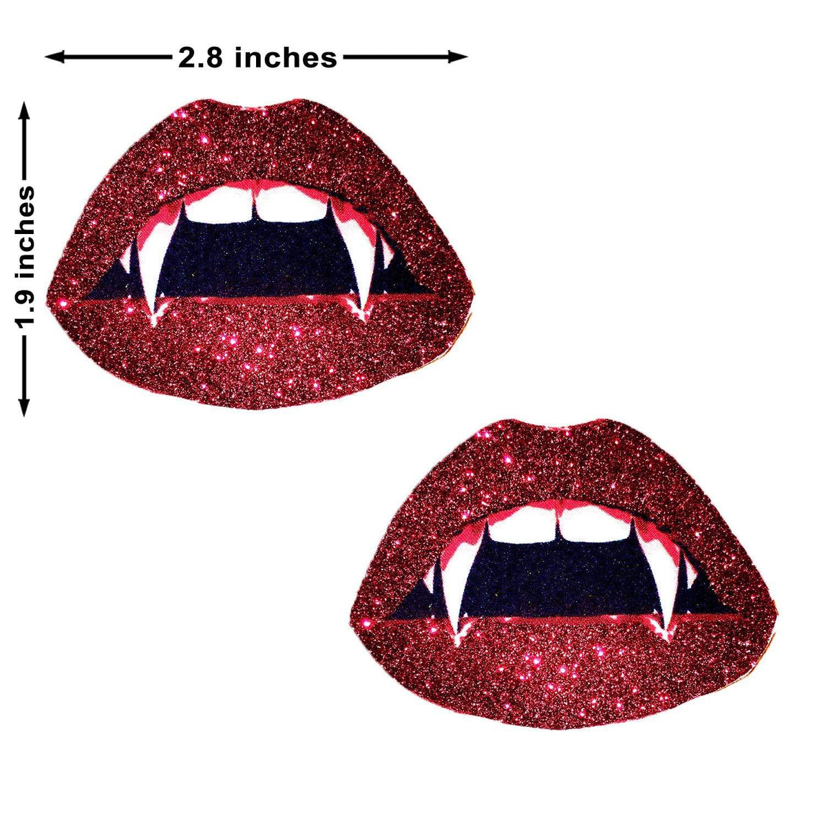 Sparkly red glitter lips with pointed vampire fangs made as Halloween nipple covers