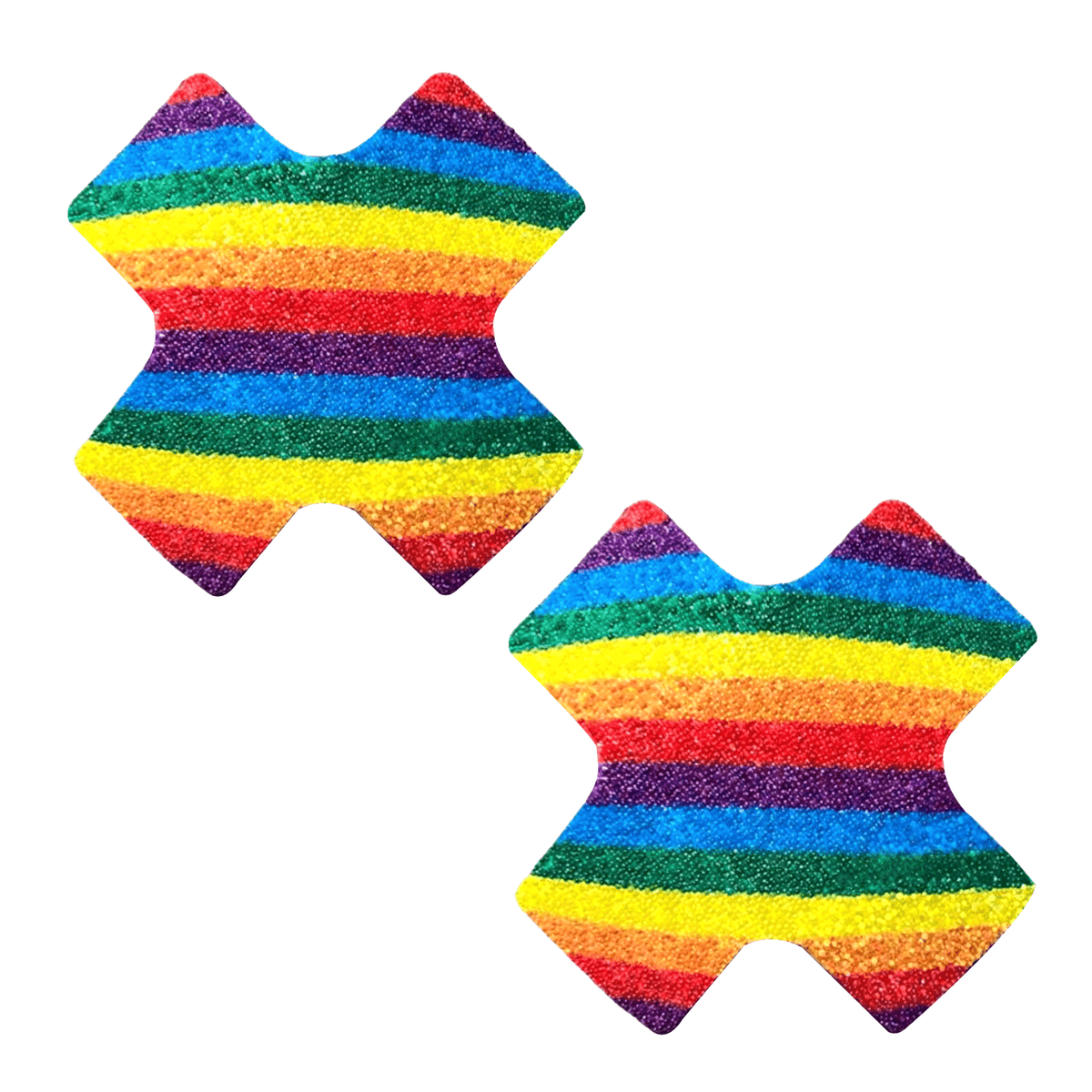 Rainbow glitter striped X silicone nipple pasties, showing the color, finish and shape of the design