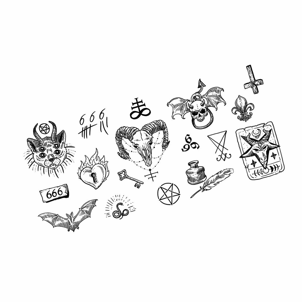 Gothic black temporary tattoo designs with devilish occult art for Halloween looks