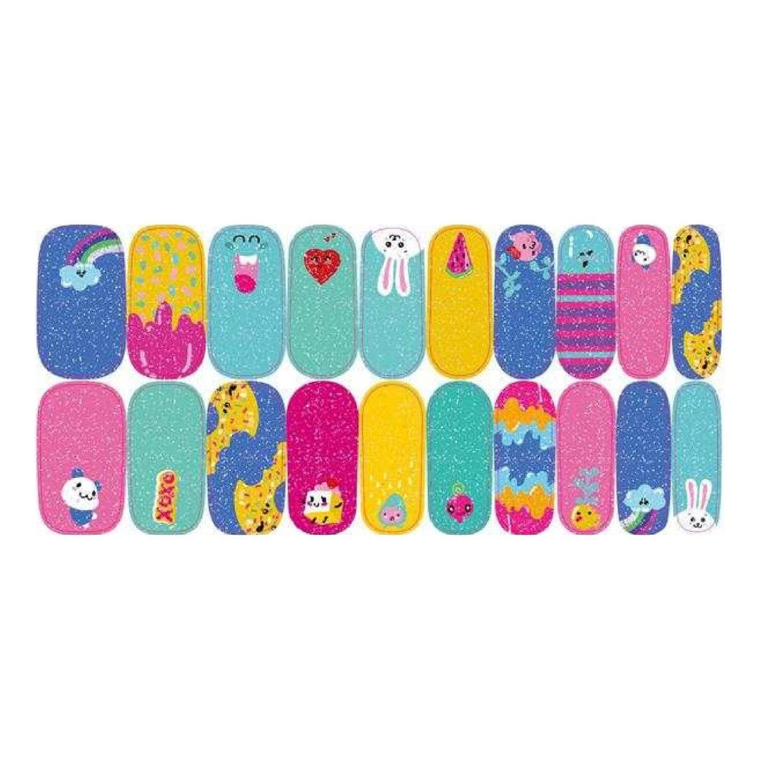 Pastel glitter bunny and panda stick on nails with donuts and clouds for a cute party