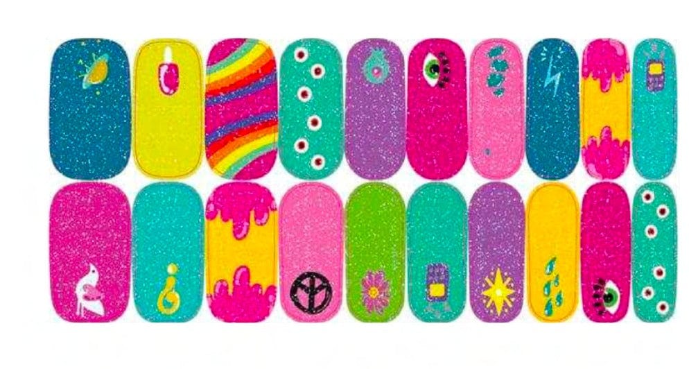 Rainbow glitter UFO and flower stick on nails for a retro party manicure