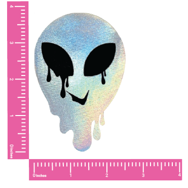Standalone product shot of the silver holographic melty alien nipple pasties