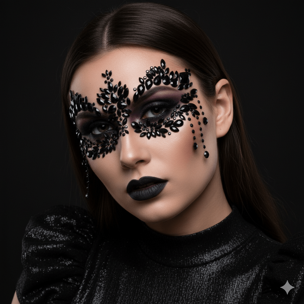 Black crystal jewel masquerade mask face sticker, showing the color, finish and shape of the design