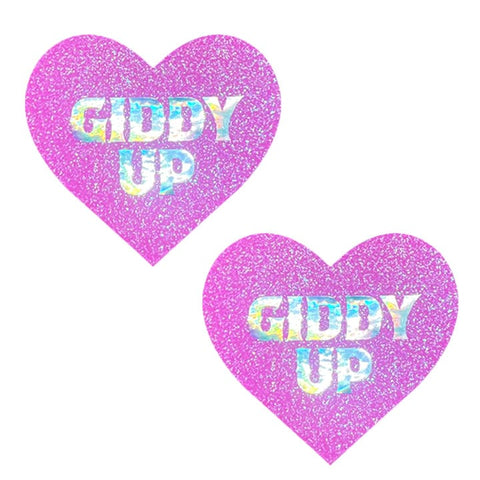 Giddy Up UV Light Pink Glitter Heart Nipple Cover Pasties