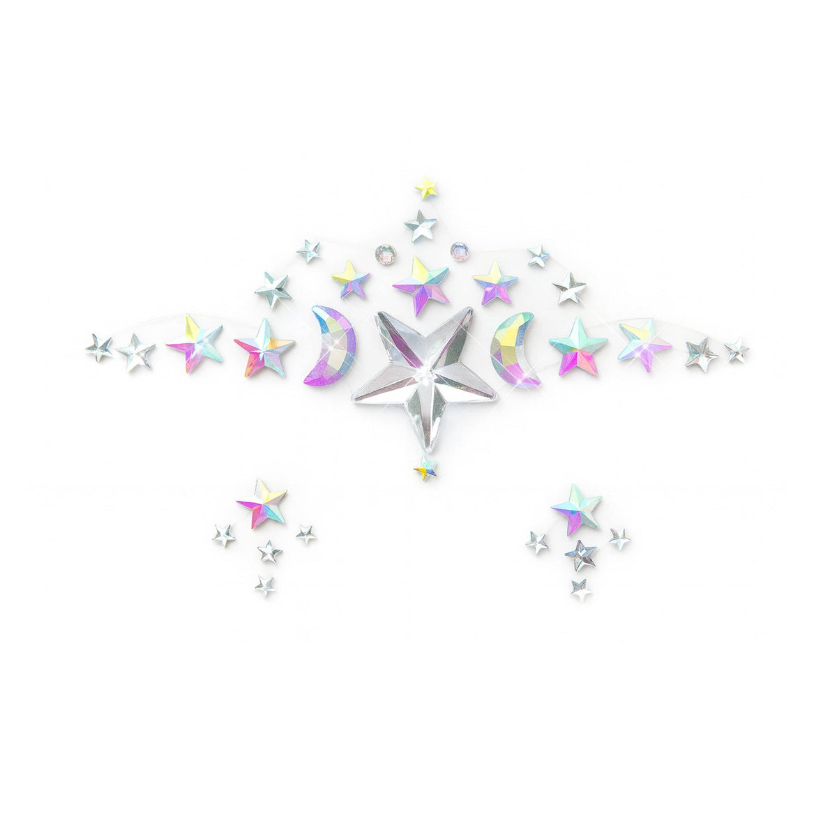 Multicolor crescent moon and star gem face sticker with sparkling iridescent crystals