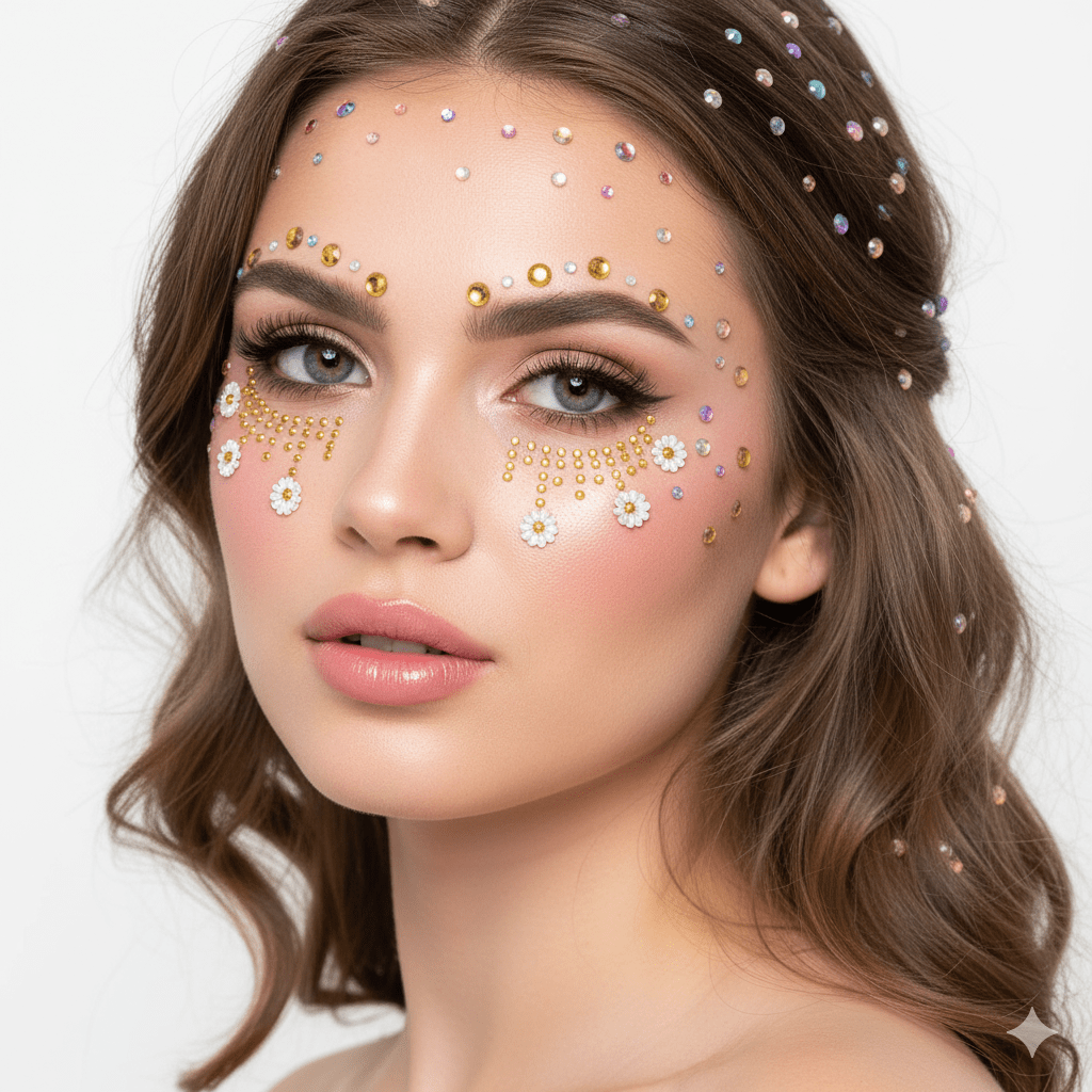 Gold daisy crystal face jewels for a carnival queen festival look