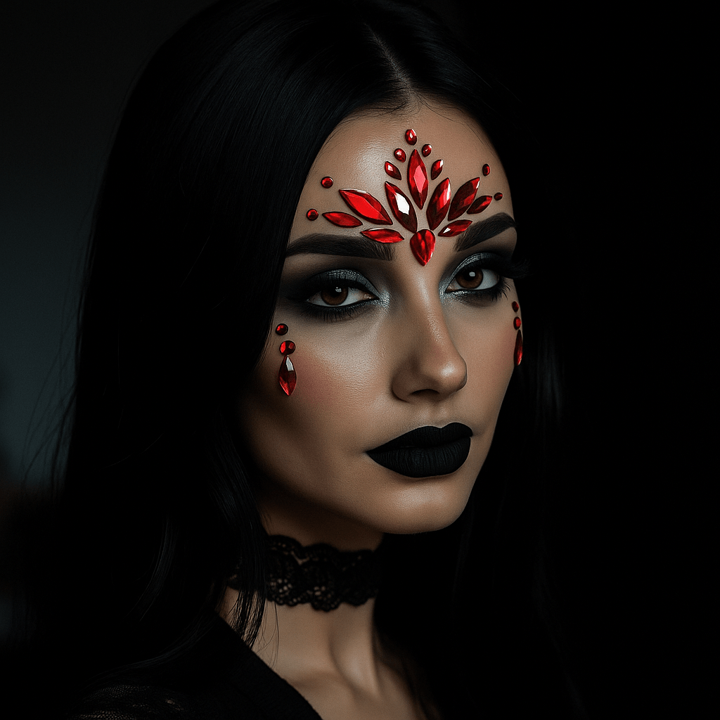 Red crystal tiara face jewels for a demon queen Halloween makeup look