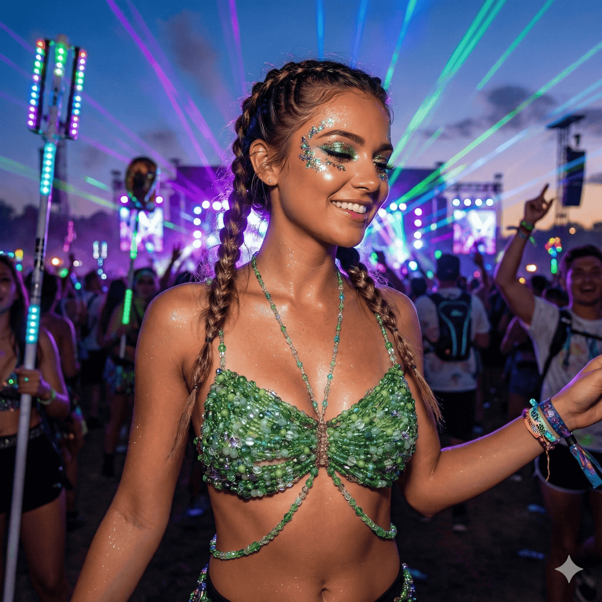 Green beaded carnival bra top with a backless design for festival queens
