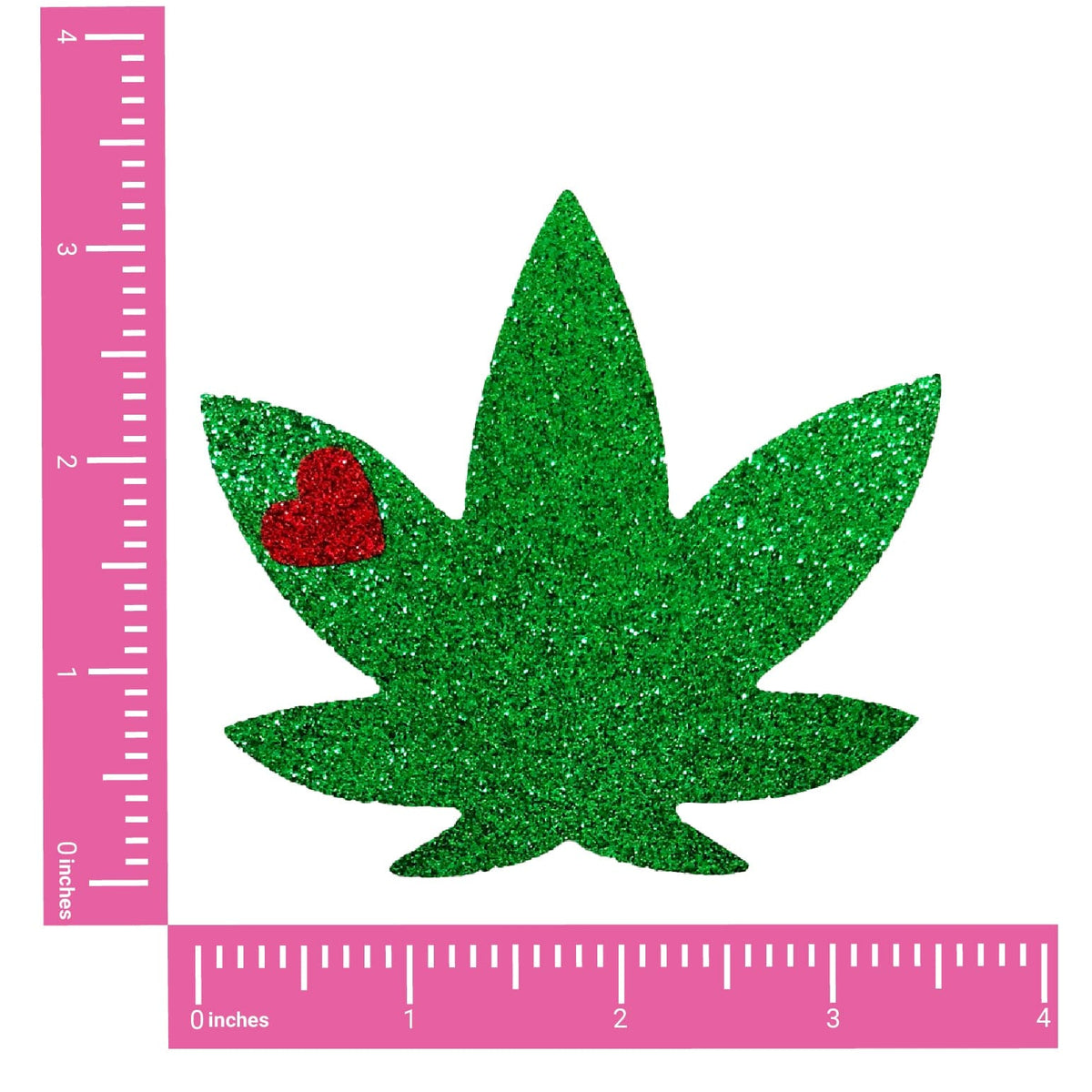 Green glitter weed leaf shaped nipple pasties, shown on their own
