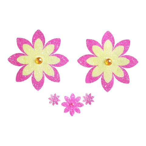 Petals of Sunshine Pink and Yellow Glitter Flower Nipple Cover Pasties