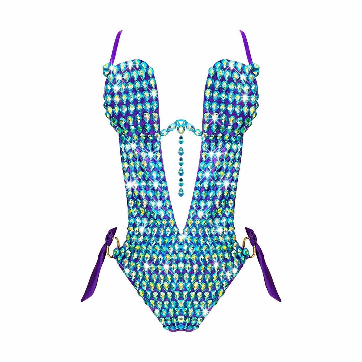 Blue green jeweled mesh bodysuit with a sparkly mermaid inspired crystal design