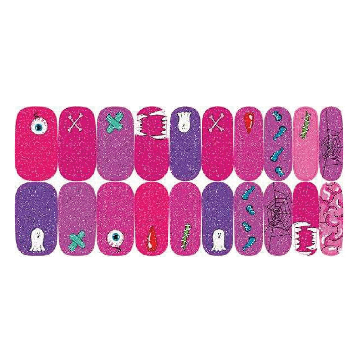 Glitter nail wraps with cute monsters, ghosts and zombies in pink and purple