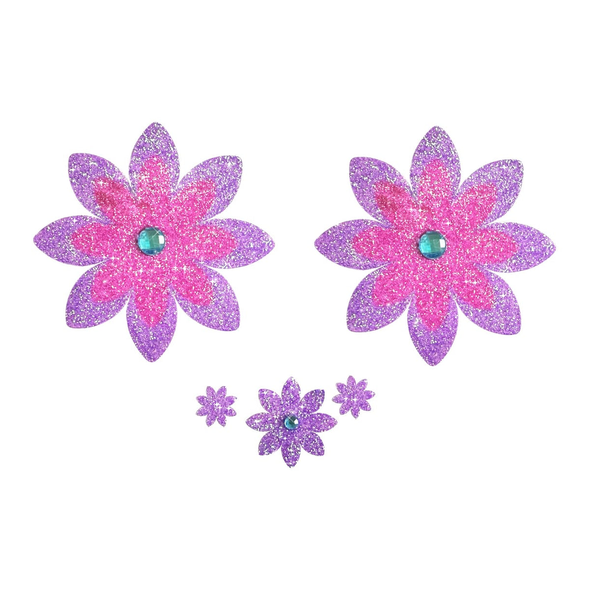 Violet flower shaped nipple covers with sparkly purple glitter petals