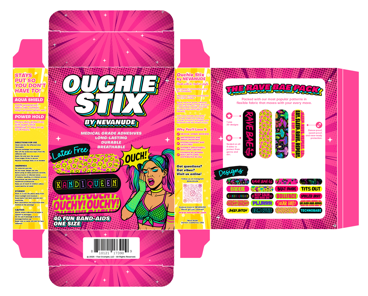Colorful latex free party bandages with PLUR vibes prints and bright designs
