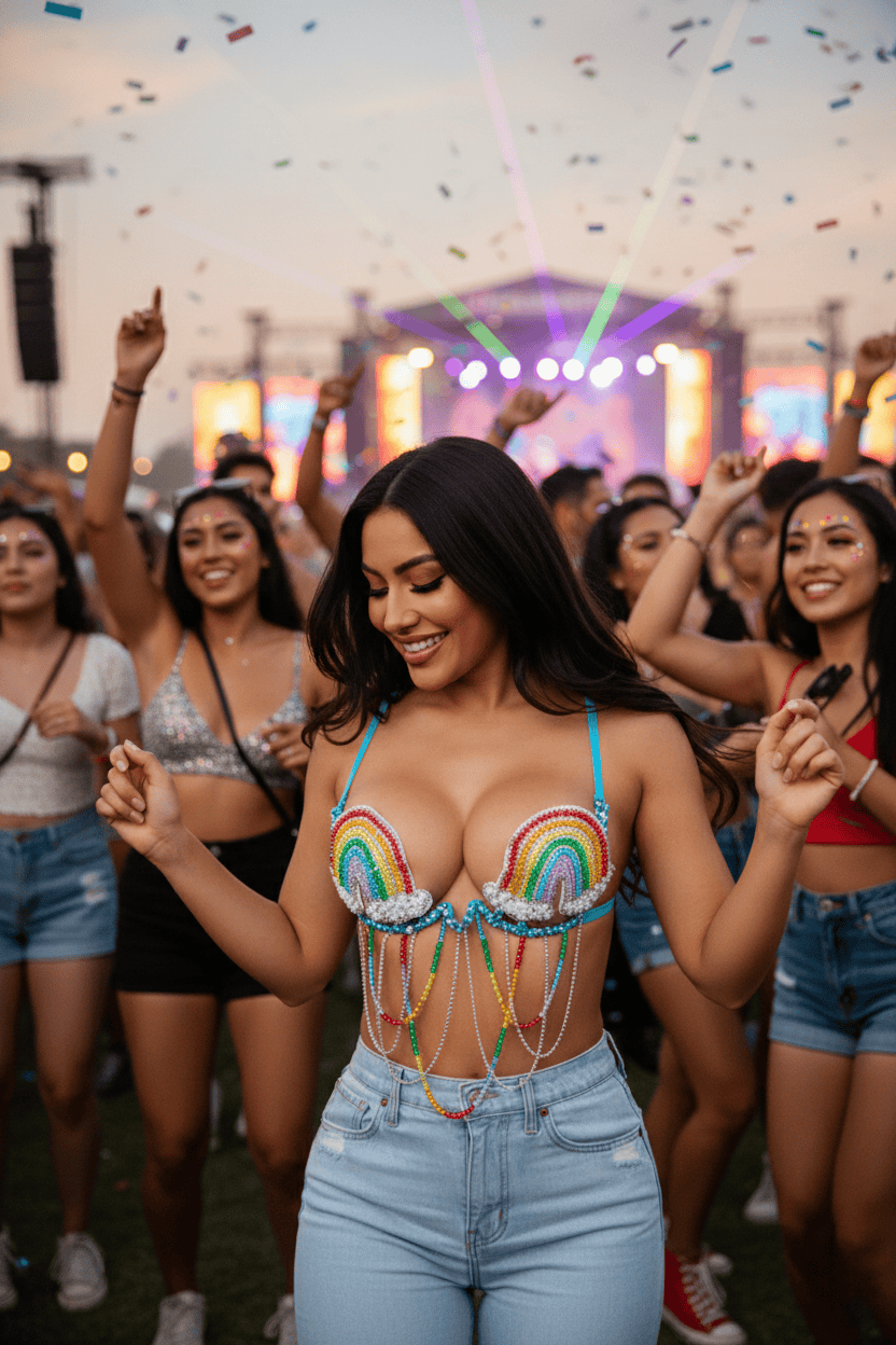 Rainbow rhinestone pride carnival bra with jeweled crystals for a Pride Month parade
