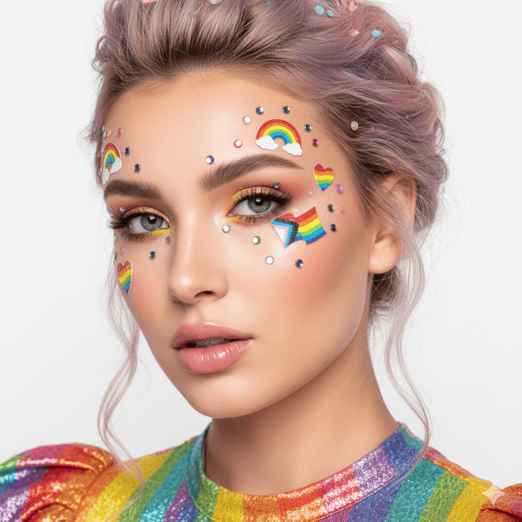 Rainbow glitter pride body and face stickers with hearts for a pride parade