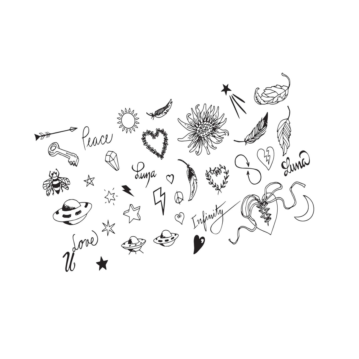 Front view of black celestial mix large temporary tattoos for hands and arms with the full design visible