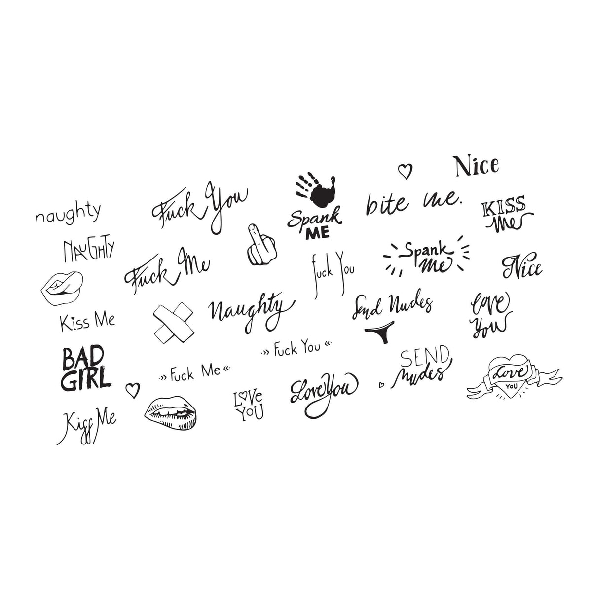 Front view of black naughty word large temporary tattoos with the full design visible