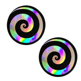 Care Bare Stare Holographic Spiral on Black Malice Glitter Nipztix Pasties, Spiral Nipple Pasties - NevaNude