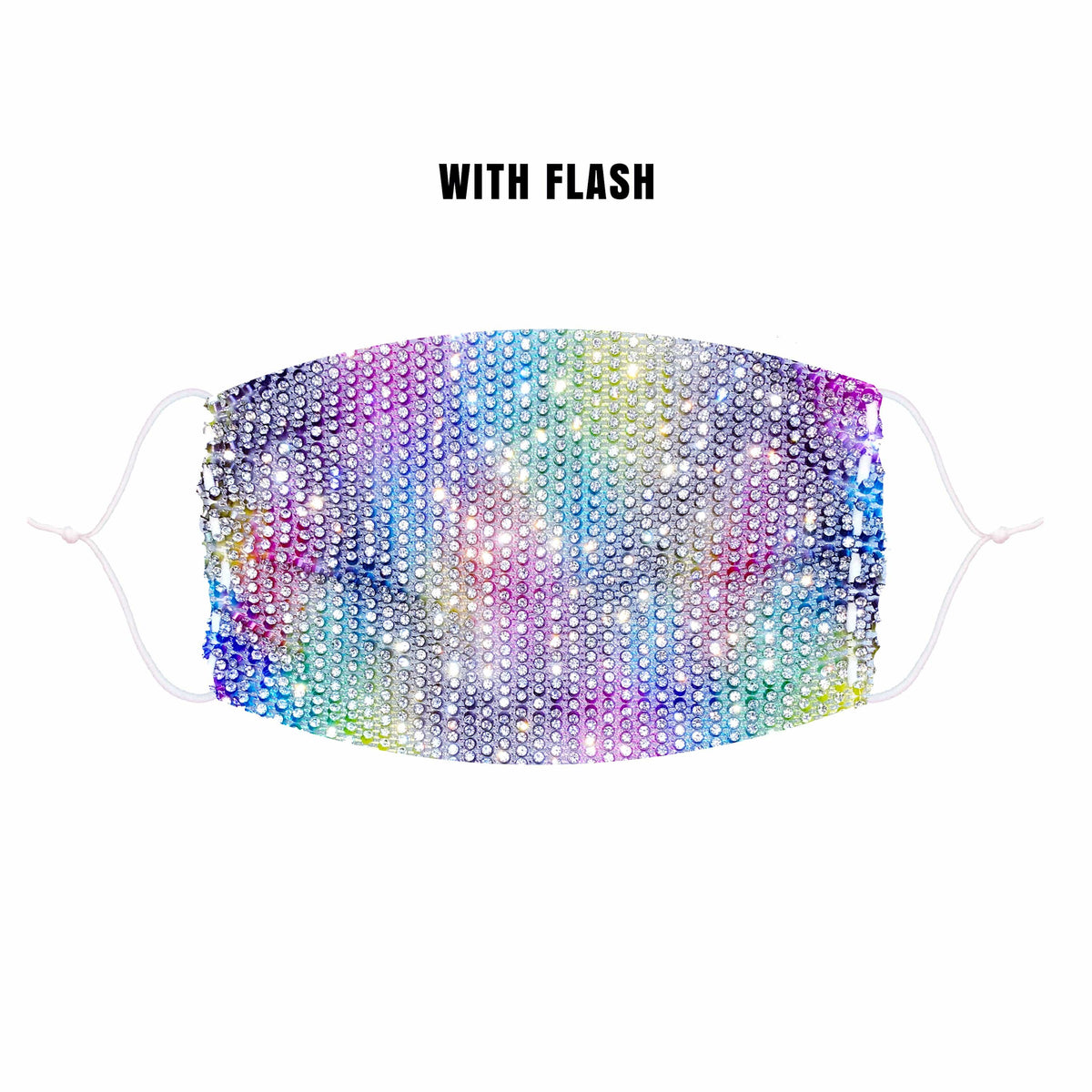 Alternate view of the multicolor crystal mesh jewel face mask with adjustable loops