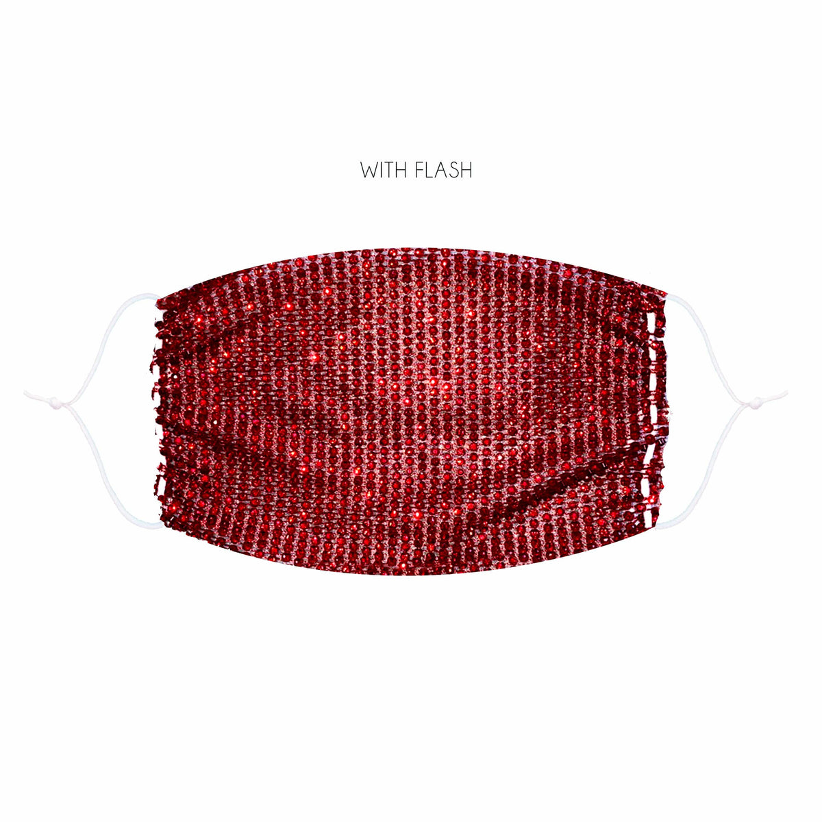 Alternate view of the red crystal mesh jewel face mask with adjustable ear loops