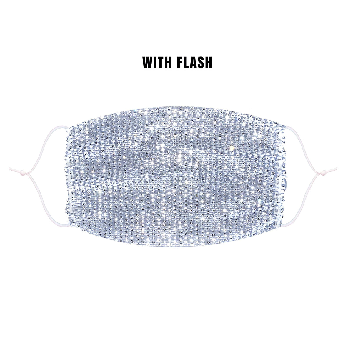 Alternate view of the white iridescent crystal mesh face mask with adjustable loops