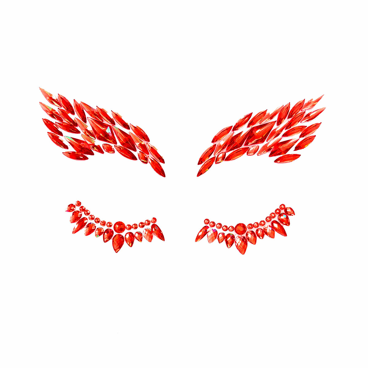 Front view of red crystal winged devil face jewels with the full design visible