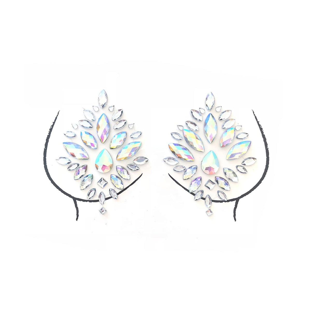 Close view of iridescent rhinestone diamond nipple covers glittering in pink and blue tones