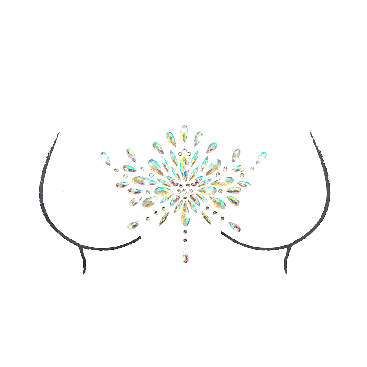 Iridescent crystal jewel body stickers worn by a model, showing the fit and look on the body