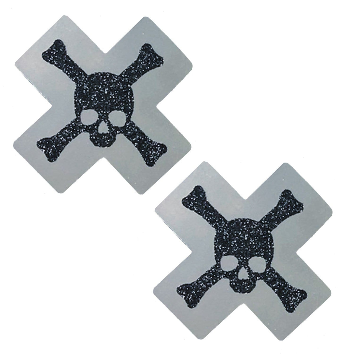 Black glitter reflective toxic X nipple pasties shown alone, with grey reflective accents