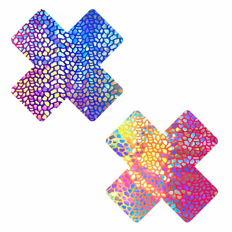 A pair of multicolored, holographic, x-shaped nipple covers with a geometric pattern designed to be visible under clothing.
