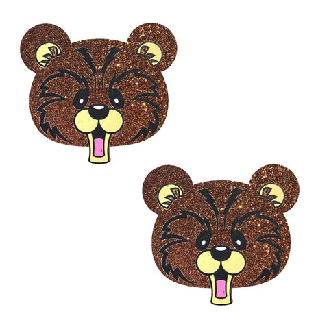 Grizzo Bear Glitter Nipztix Pasties, Animal Face Nipple Pasties - NevaNude