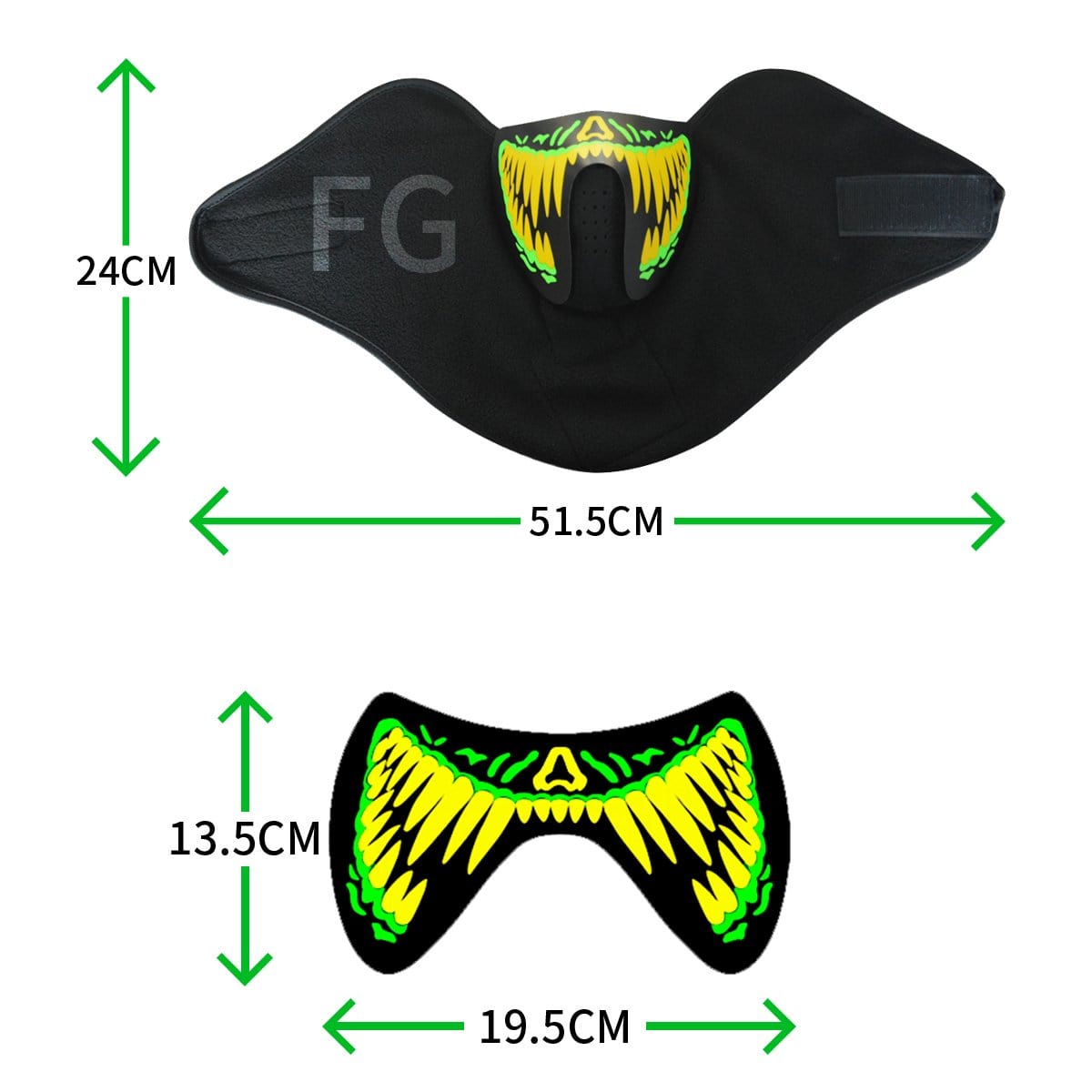 Front view of black LED sound reactive light up face mask with the full design visible