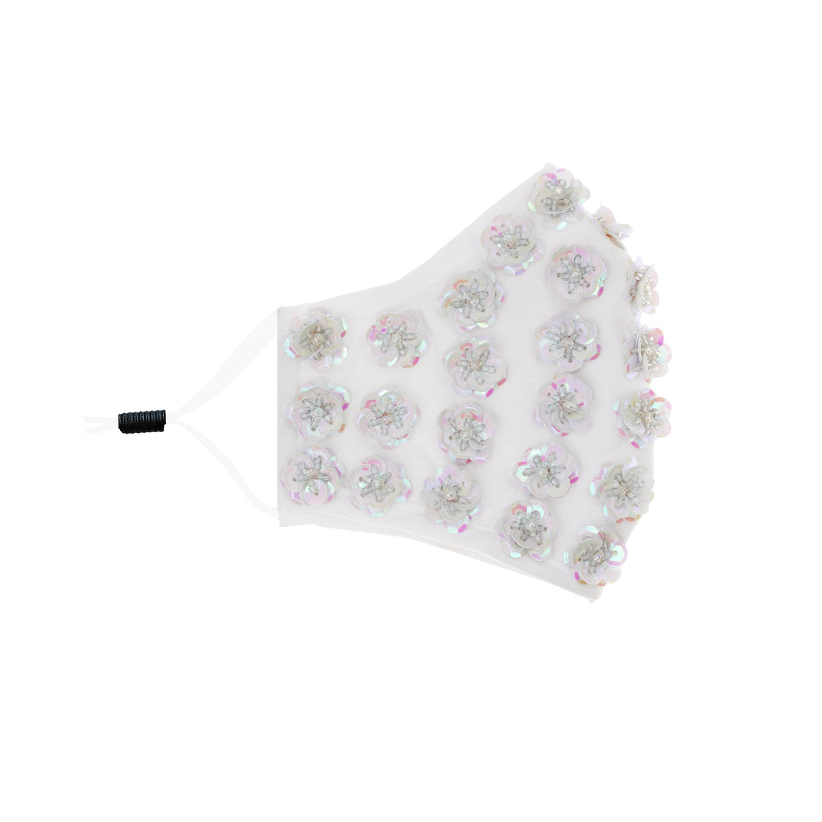 Alternate view of the white pearl flower face mask with ear loops