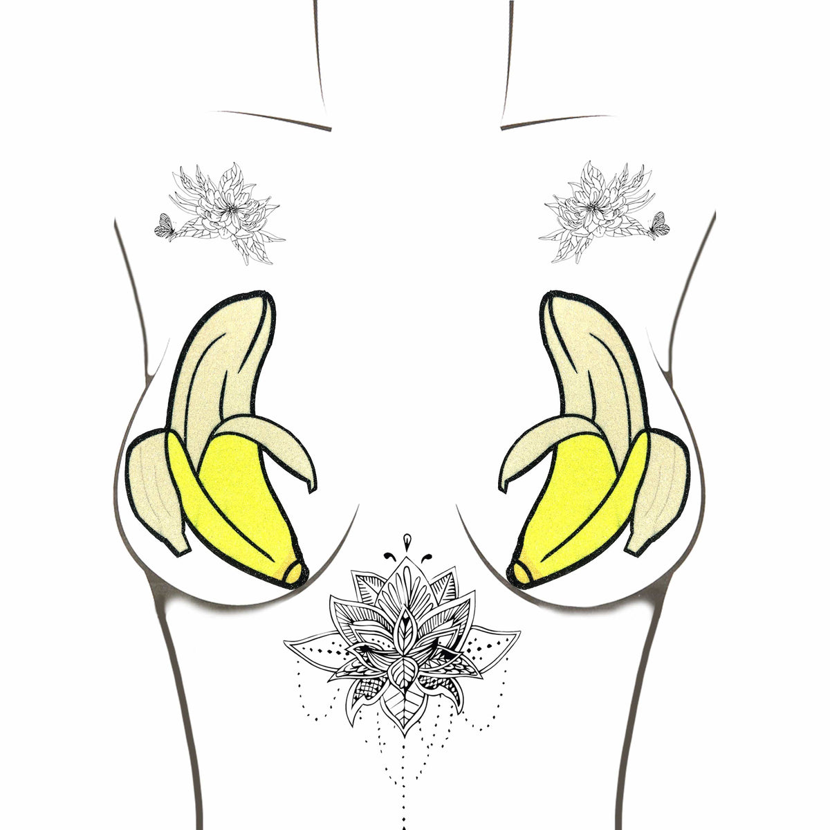 Front view of yellow blacklight glitter banana nipple pasties with the full design visible