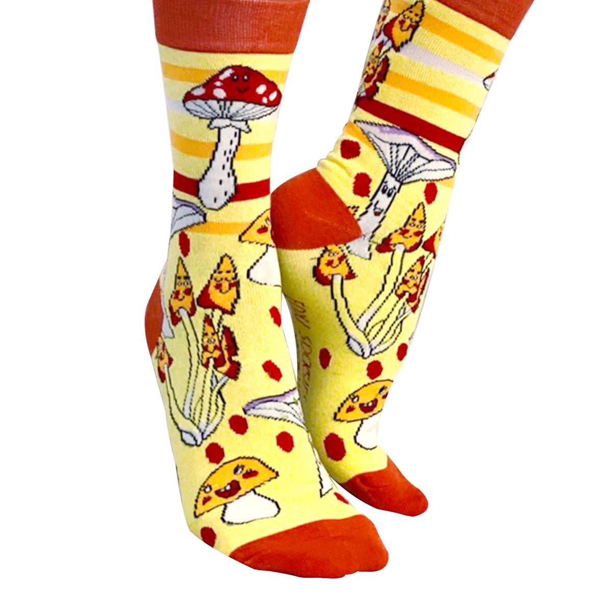 Pair of yellow mushroom cotton novelty socks for a trippy chill day