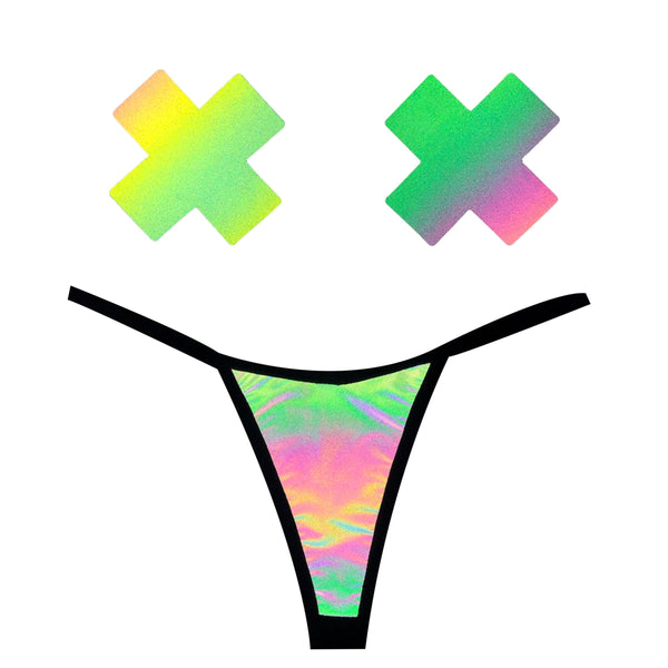 Rainbow Reflective G String Pastie and Pantie Lingerie Set