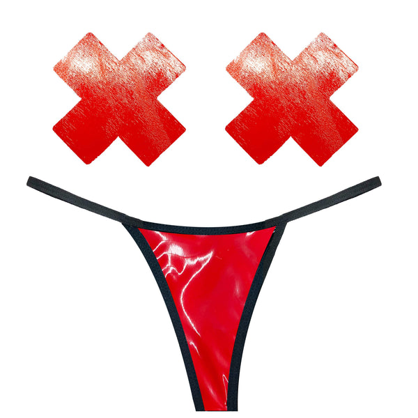Vixen Red Wet Vinyl G String Pastie and Pantie Lingerie Set
