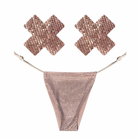 Shiney Hiney Iridescent Beige Crystal High Waisted Pastie and Pantie Lingerie Set