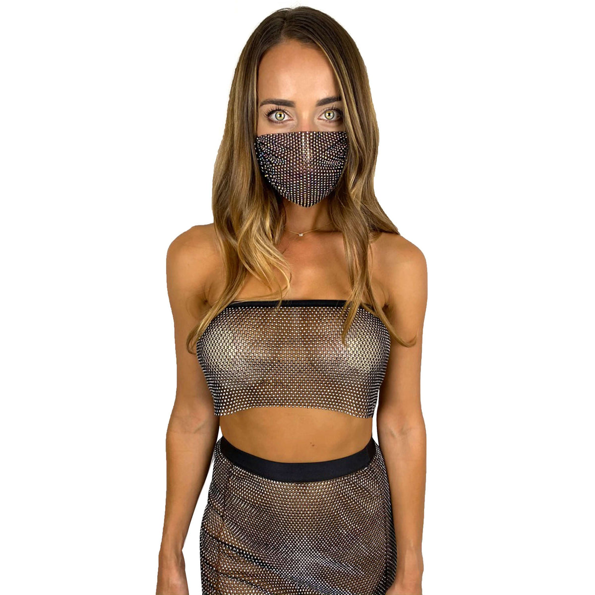 Model showing off the black sparkle mesh jewel skirt at a rave