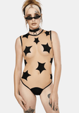 Star Struck Black Stars Nude Mesh One Piece Bodysuits