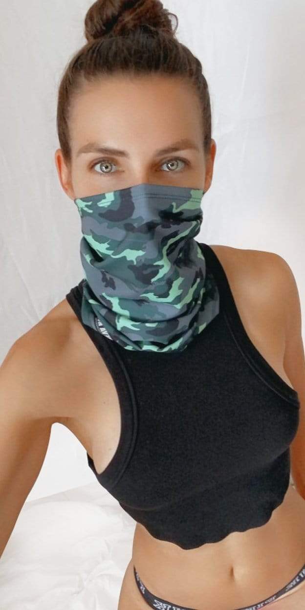 Model in the green black camo neck gaiter for a stealth festival look