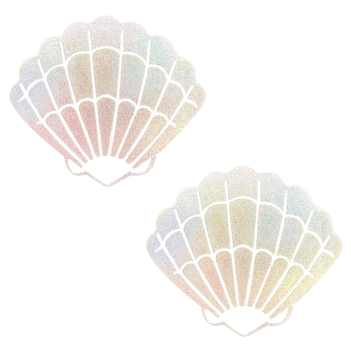 Rainbow shifting holographic finish on holographic mermaid shell nipple pasties, full view of the design