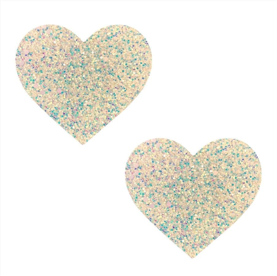 White iridescent glitter heart shaped nipple pasties with a snowy, rainbow sparkle
