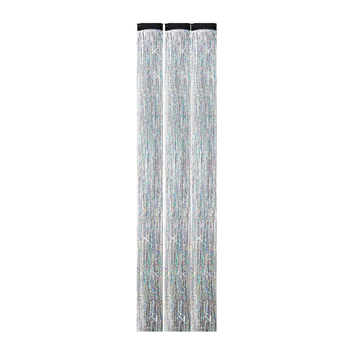 Silver sparkle tinsel clip in hair extensions, showing the color, finish and shape of the design